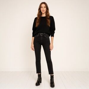 Reformation Jeans  Black Cropped Cigarette Pants Distressed Raw Hem Fringe